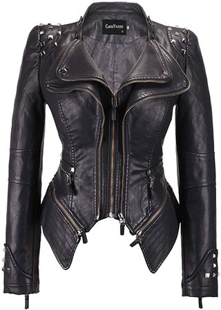 Chouyatou Women's Fashion Studded Perfectly Shaping Faux Leather Biker Jacket (Large, Black) : Clothing, Shoes & Jewelry