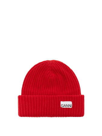 GANNI - Logo-patch ribbed wool-blend beanie hat