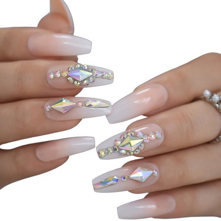 Long 3D Bling Glitter Pink Nude French Ballerina Coffin False Fake Nails Gradient Natrual Press on Party Finger Wear UV Nails