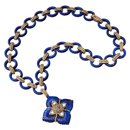 Veschetti Afghan Lapis Lazuli and Diamond Pendant Necklace For Sale at 1stDibs