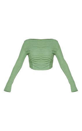 Khaki Rib Multi Ruched Long Sleeve Crop Top | PrettyLittleThing