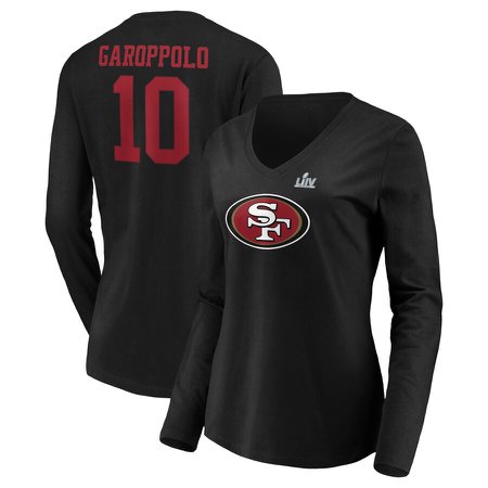 Women's San Francisco 49ers Jimmy Garoppolo NFL Pro Line by Fanatics Branded Black Super Bowl LIV Bound Halfback Player Name & Number Long Sleeve V-Neck T-Shirt