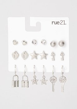 9-Pack Silver Star Lock Earring Set | Earrings | rue21