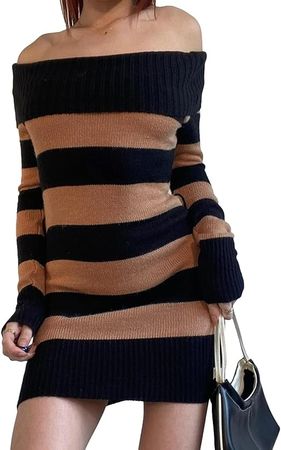 Amazon.com: Luckinbaby Women Off Shoulder Mini Sweater Dress Color Block Stripe Short Dress Bodycon Tight Ribbed Tunic Dress : Clothing, Shoes & Jewelry