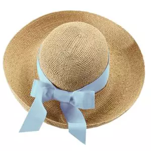 straw hat with  blue ribbon