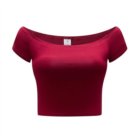 OThread & Co. Women's Off Shoulder Short Sleeve Crop Top Comfy Basic Stretch Layer Shirt (Medium, Burgundy) at Amazon Women’s Clothing store