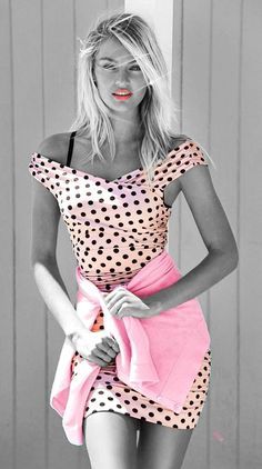 Black & White Model Pink Polka Dot Dress