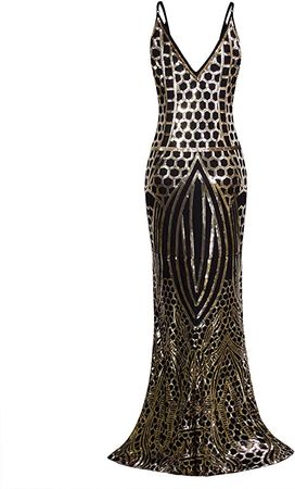 VIJIV Elegant 1920s Slip Long Formal Evening Gown Deep V Neck Mermaid Wedding Party Dress Gold M at Amazon Women’s Clothing store