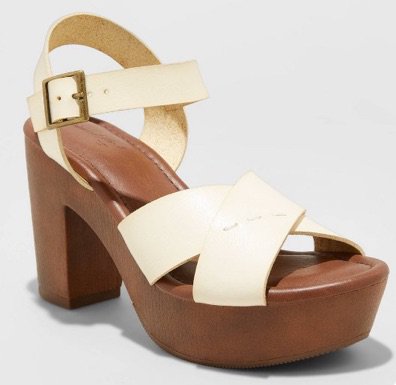 white and brown block heeled sandals