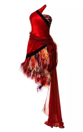 PRABAL GURUNG : FW2014 Crimson Crepe Back Satin Dress With Feather Embroidery | Sumally