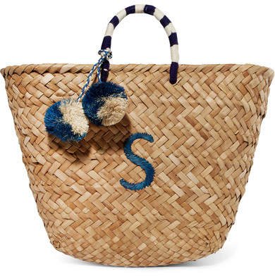 St Tropez Pompom-embellished Embroidered Woven Straw Tote - Neutral