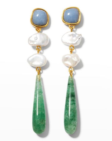 green, blue & Pearl drop earrings