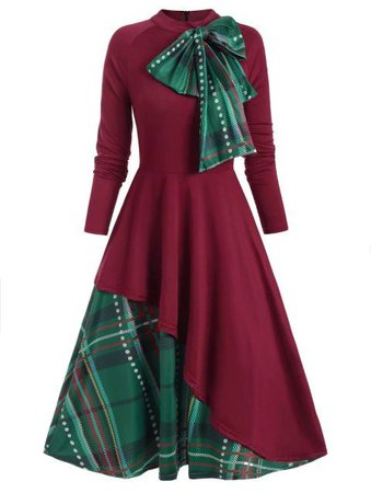 Plus Size Christmas Detachable Bowknot Plaid Dress | Green Side Bow