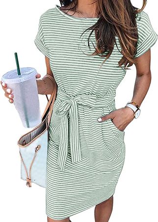 MEROKEETY Women's Summer Striped Short Sleeve T Shirt Dress Casual Tie Waist Midi Dress Mint at Amazon Women’s Clothing store