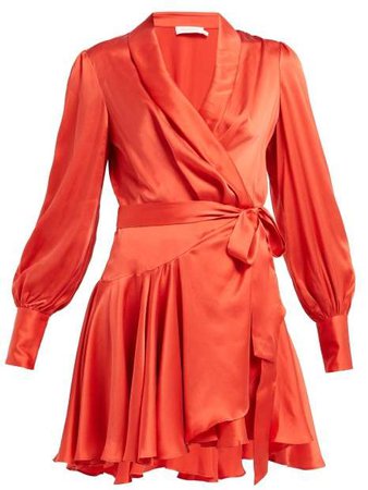 Silk Satin Wrap Dress - Womens - Red