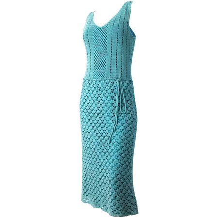 70s Aqua Blue Crochet Sleeveless Dress with Slip For Sale at 1stDibs | blue crochet dress, aqua blue dress, 70s crochet dress