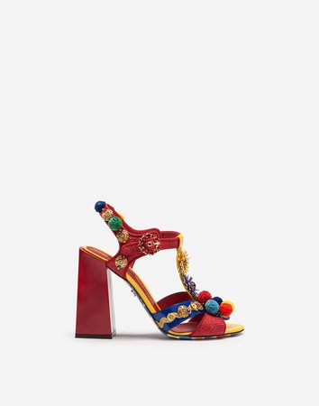 Women's Sandals and Wedges | Dolce&Gabbana - RAFFIA AND PATENT LEATHER SANDALS WITH APPLIQUÉS