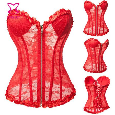 Red Transparent Floral Lace Zipper Corset Top Padded Cup Body Shaper Women Bridal Corselet Overbust Bustier Sexy Gothic Lingerie|Bustiers & Corsets| - AliExpress