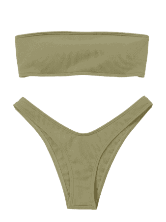 High Cut Ribbed Bandeau Bikini Set PEA GREEN: Bikinis S | ZAFUL