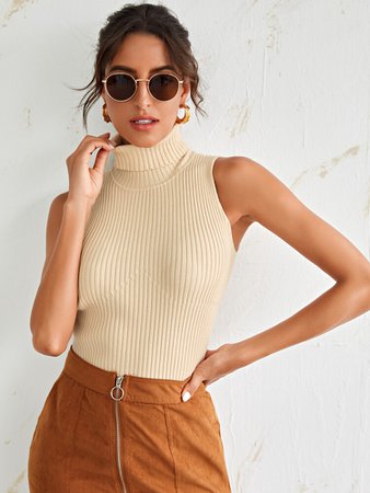 Solid Ribbed Knit Turtleneck Sweater Vest | SHEIN USA