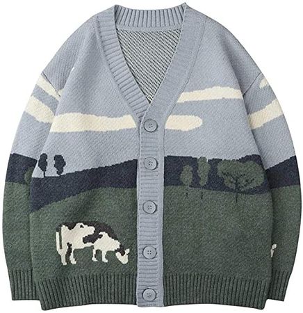 Vamtac Mens Grassland Cow Vintage Oversize Knitted Sweater Long Sleeve Round Neck Knitted Pullover Jumper at Amazon Men’s Clothing store
