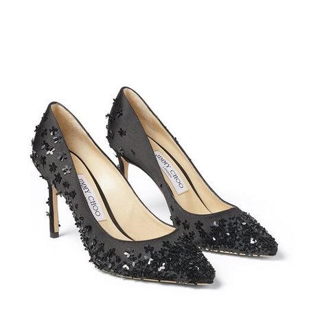 Romy 85 Black Satin Point-toe Pumps with Floral Embroidery