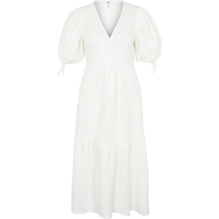 White textured puff sleeve wrap midi dress | River Island