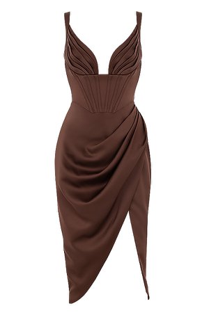 Clothing : Midi Dresses : 'Faye' Chocolate Satin Pleated Midi Dress