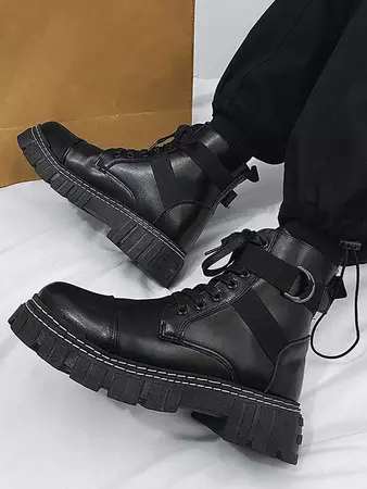 Men's Daily Streetwear Metal Ring Straps Lace Up Front Chunky Platform Motorcycle Biker Combat Boots In BLACK | ZAFUL 2024
