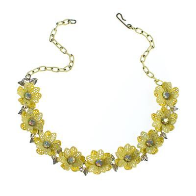 Vintage Yellow Flower Choker Necklace with Aurora Borealis Crystals - Vintage Meet Modern