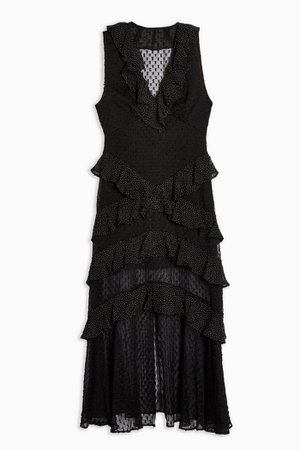 Dobby Spot Ruffle Midi Dress | Topshop black