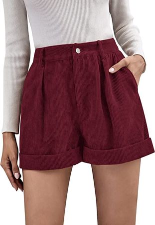Romwe Women's Casual Wide Leg High Waist Cuffed Hem Corduroy Shorts with Pockets Brown XX-Large at Amazon Women’s Clothing store