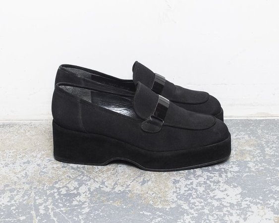 Size 10 US Women's / 90s Stuart Weitzman Black Suede + Fabric Platform Loafers