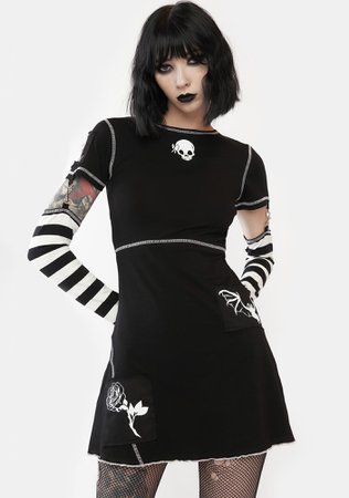 The Grave Girls Patched Graphic Dress With Stripe Sleeves - Black/White | Dolls Kill