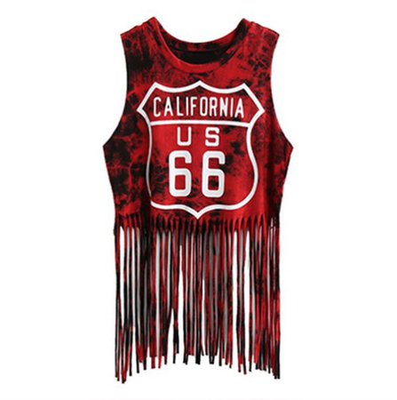 shirt, tie dye, red, route 66, crop tops, crop, fringes, top - Wheretoget