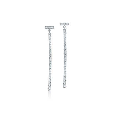 Tiffany T wire bar earrings in 18k white gold with diamonds. | Tiffany & Co.
