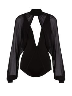 Sheer-Overlay Stretch-Knit Bodysuit, Black