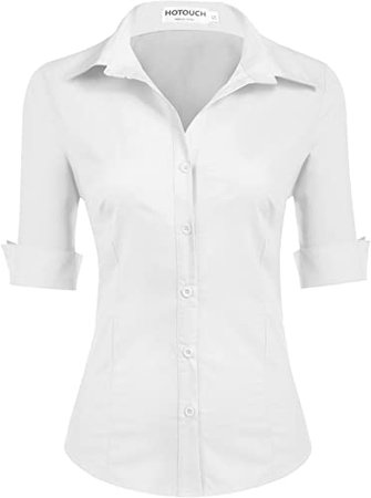 Hotouch Womens 3/4 Sleeve Basic Button Down Shirt Slim Fit Cotton Dress Shirts at Amazon Women’s Clothing store