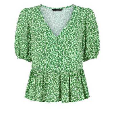 Green Ditsy Floral Button Front Top | New Look