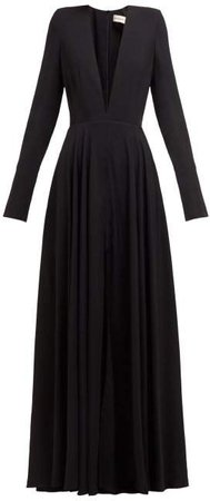 Plunge Neck Slit Front Crepe Gown - Womens - Black