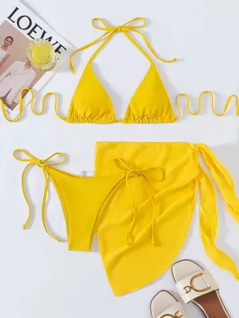 SHEIN Swim Solid Bikini Set Triangle Bra & Thong Bottom & Beach Skirt 3 Piece Bathing Suit | SHEIN USA