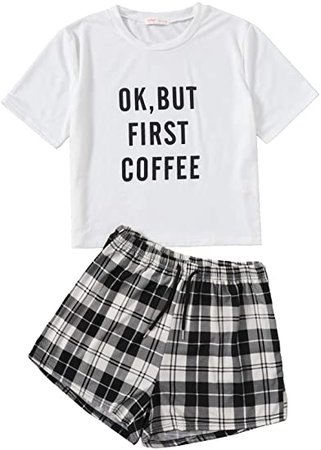 DIDK Women's Slogan Graphic Print Tee & Plaid Shorts Short Sleeve Pajama Set Grey M at Amazon Women’s Clothing store