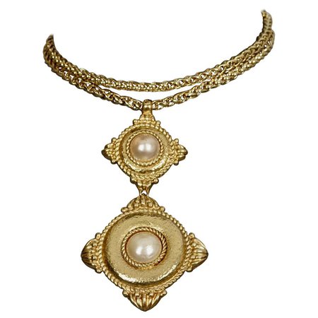 Vintage YVES SAINT LAURENT Ysl Double Diamond Pearl Chain Necklace For Sale at 1stdibs