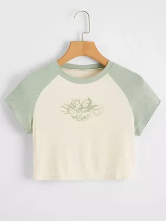 Angel Print Raglan Sleeve Crop Tee | SHEIN USA beige