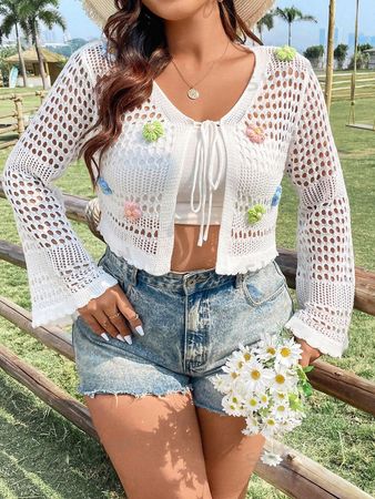 SHEIN Qutie Women's Plus Size Fashionable Hollow Out Flared Sleeve Crochet Flower Detail Knitted Cardigan | SHEIN USA