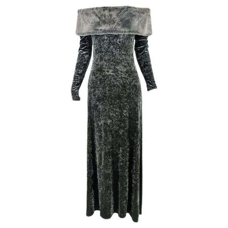 Harrods Vintage Crushed Velour Velvet and Faux Fur Off the Shoulder Evening Gown For Sale at 1stDibs