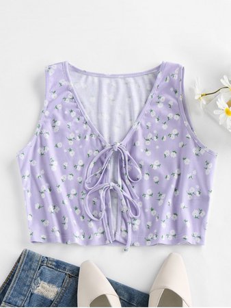 [46% OFF] [HOT] 2020 ZAFUL Ribbed Floral Tie Front Plunging Tank Top In LIGHT PURPLE | ZAFUL