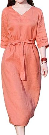 GGUHHU Women's Soft V-Neck Belted Linen Dress 3/4 Sleeve Loose Fit Midi Beach Dresses at Amazon Women’s Clothing store