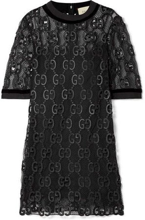 Velvet And Grosgrain-trimmed Macramé Mini Dress - Black