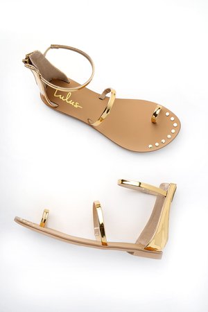 Gold Sandals - Flat Sandals - Ankle Strap Sandals - $20.00